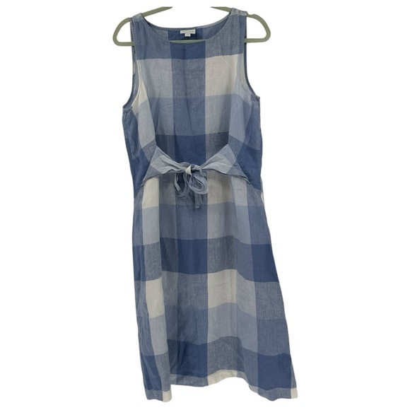 J. Jill Gingham Plaid Blue White Tie Waist Linen Dress Size Large - Picture 2 of 6